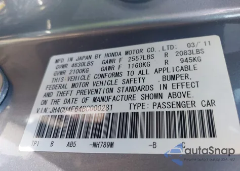 2011 Acura Tsx 3.5 из США, поврежденный, VIN JH4CU4F64BC000281